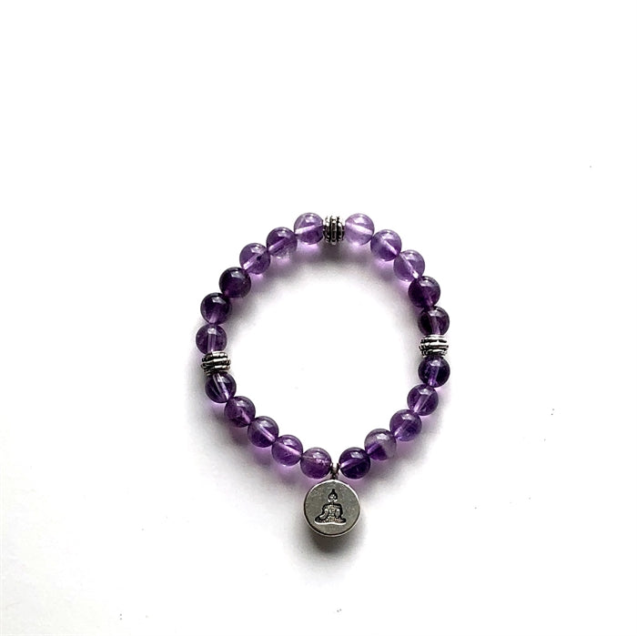 Ametyst Armbånd 7 mm Perler med Buddha 19 cm
