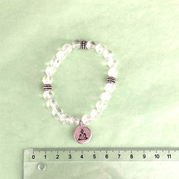 Bjergkrystal Armbånd med Buddha 8 mm Perler 19 - 20 cm